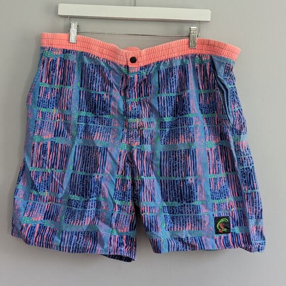 Men's Vintage O'Neil Swim Trunks Neon Blue Pink Oversized  34 Made in USA - Picture 4 of 7